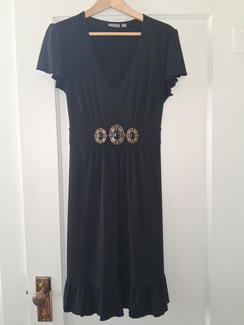 APT. 9 Dress M Black Flutter Sleeve Gold Medallion Waist Stretch